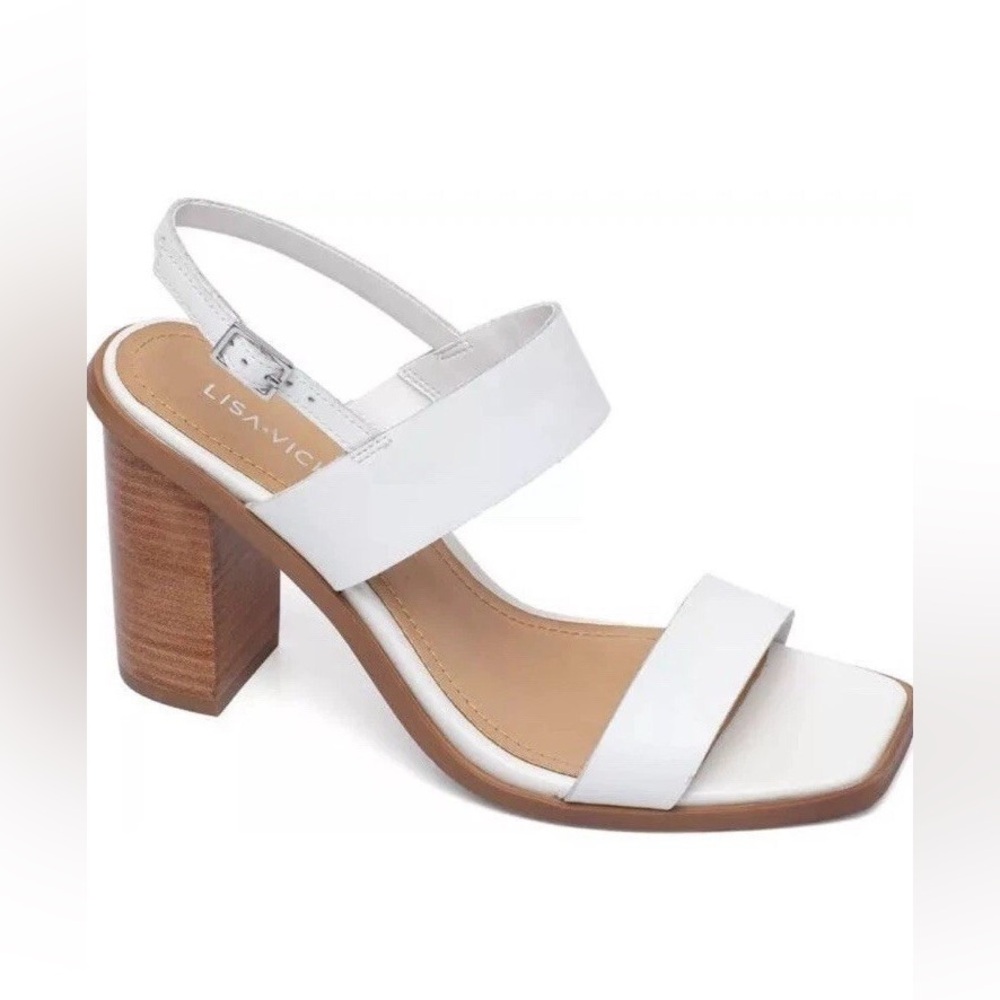 Lisa*Vicky White and Brown Sling Back Heels with Chunky Wooden Block. Size 8